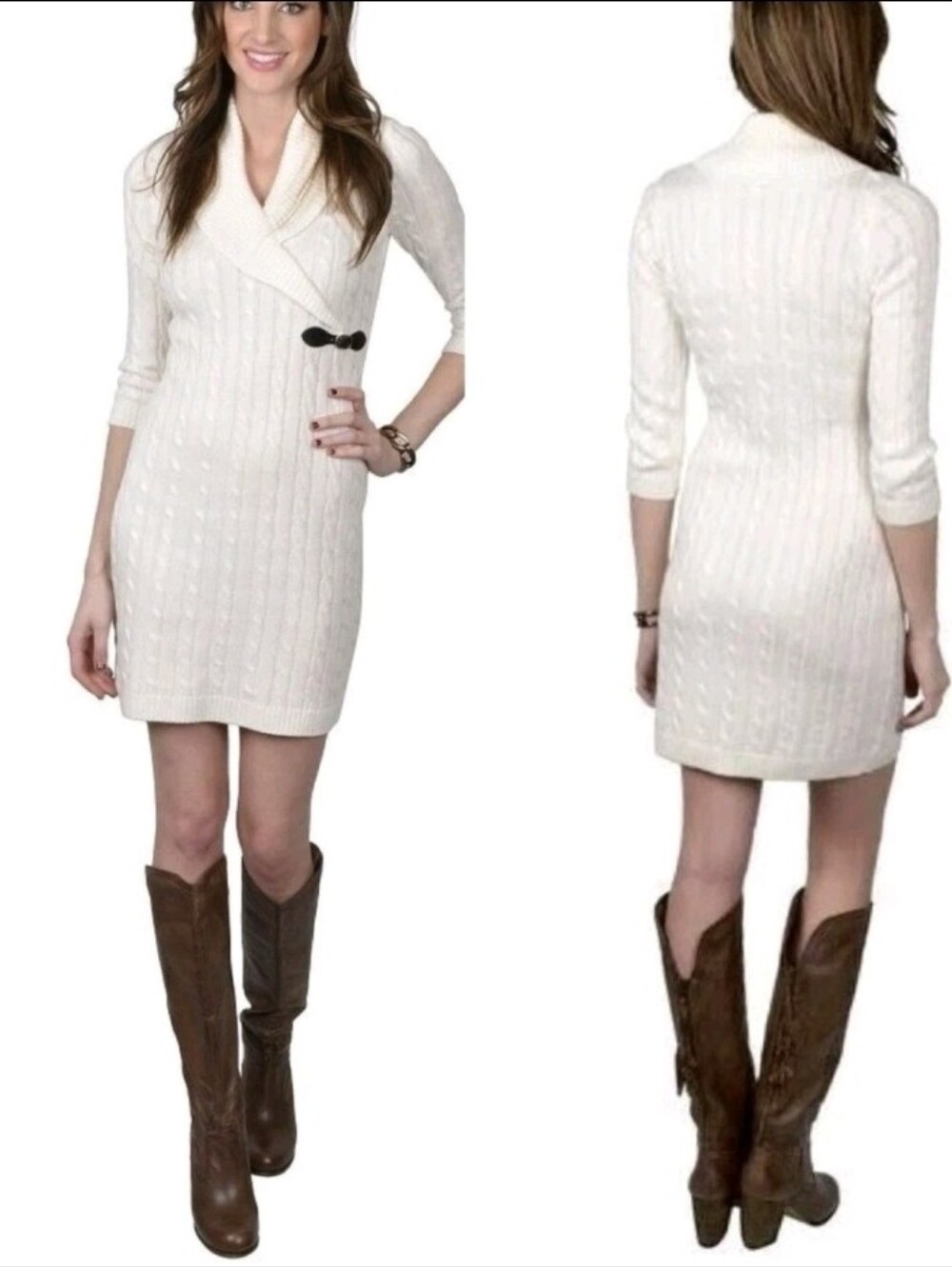 Calvin Klein Size M Ivory Cable Knit Faux Wrap Leather Buckle Sweater Dress EUC - Picture 3 of 16